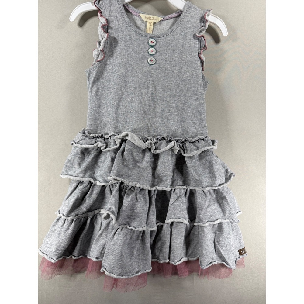 Matilda Jane Girls Gray Tiered Ruffle Dress Pink Tulle Trim Size 6 22038D